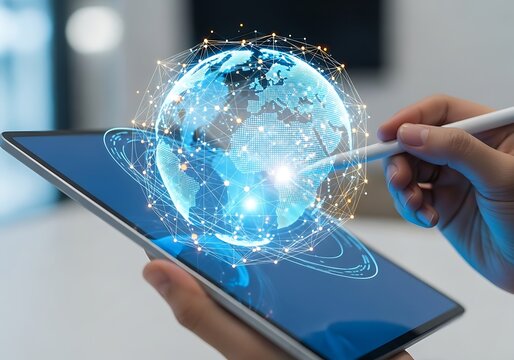 Hand using stylus on tablet with glowing digital globe
