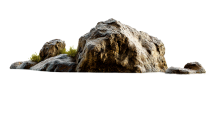 Group of textured rocks partially submerged in water with vegetation, cut out transparent