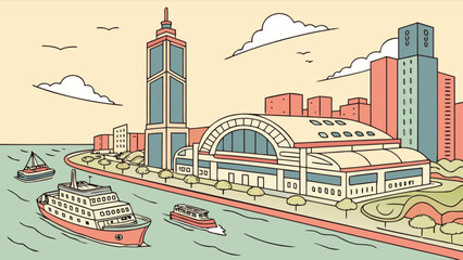 Naklejka premium Cityscape harbor scene with boats, buildings, and river for travel and tourism promotion vector design