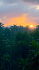 Vibrant orange summer sunset over a tropical palm tree island with a silhouette of a coconut palm on a calm blue sea