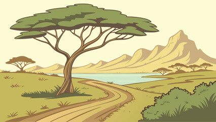 Savanna landscape illustration with acacia trees mountains and winding path scenic african safari drawing © ShafiqUrRehman