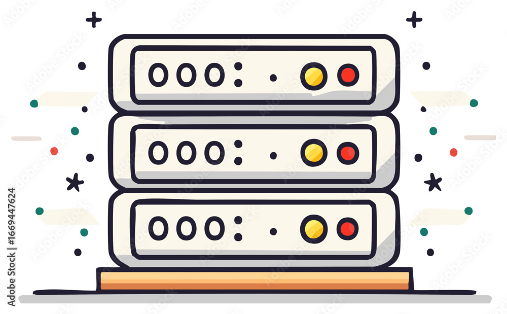 Poster stacked computer servers storage system hosting data cartoon servers and stars