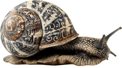 Detailed close-up of a garden snail with textured shell and mucus on isolated white background, cut out transparent