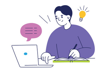 Flat cartoon vector illustration of student at desk with notebook and laptop, studying and writing notes. Concept of education, learning, office work, creativity, planning, productivity, knowledge