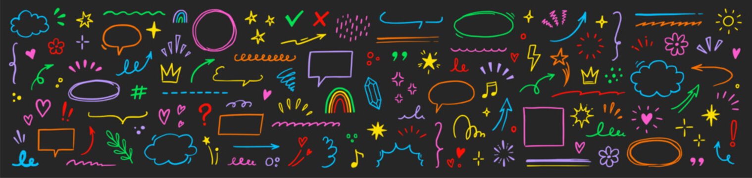 Naklejki Cute line element icon set. Hand drawn heart, star, cloud brush stroke colorful cartoon style. Funny doodle sketch arrow, heart, flower marker decoration for kid art design. Vector illustration