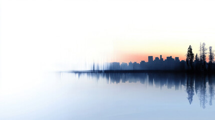 Naklejka premium Twilight sky over calm water with city skyline and trees reflected, subtle grain and serene mood, high fidelity, soft gradient colors
