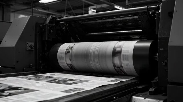 Close up of a printing press machine rolling newspapers in a black and white industrial setting