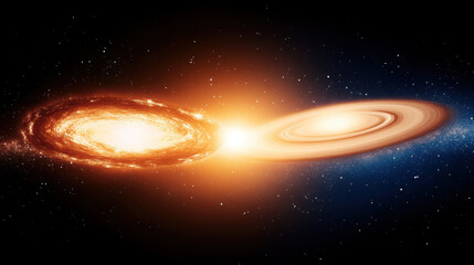 Fototapeta premium Twin galaxies colliding in dramatic shockwave, glowing with intense light and cosmic energy, surrounded by countless stars in deep space, evoking awe and wonder