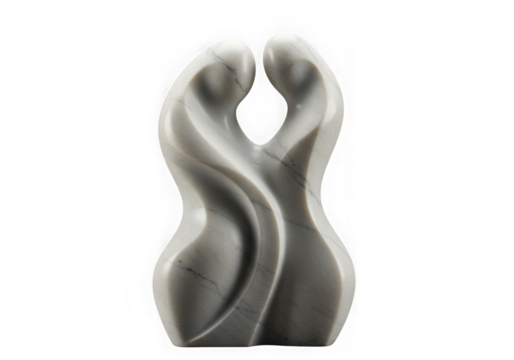 Abstract sculpture of two figures embracing in white stone
