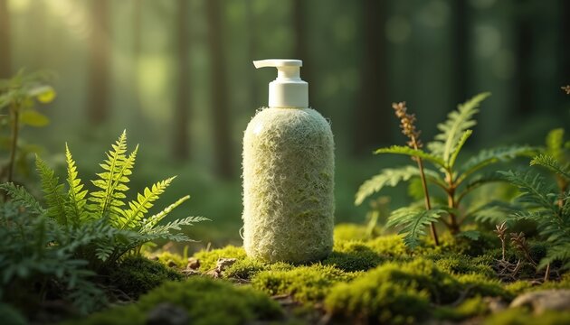 Sustainable mycelium cosmetic packaging with organic texture on mossy forest floor. Surrounded by ferns, natural soft lighting creates woodland setting. Biodegradable product highlights earth-tone
