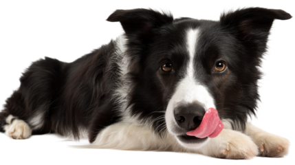 Border Collie dog with black and white fur licking its nose while lying down, cut out transparent