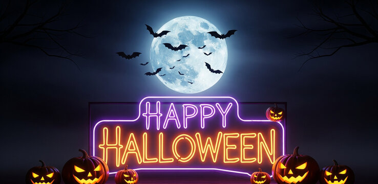 Spooky “Happy Halloween” glowing neon typography with pumpkins, flying bats, and full moon on a dark cinematic background. Perfect for Halloween party posters, social media banners, and festive season