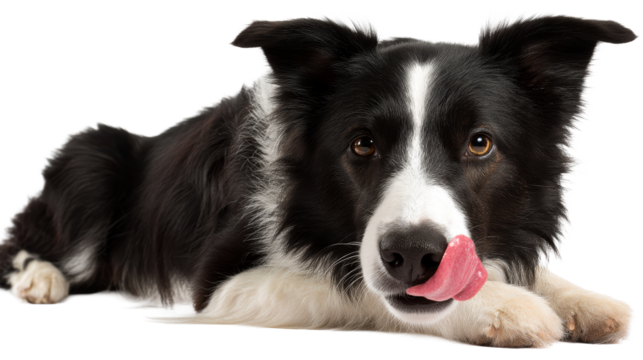 Border Collie dog with black and white fur licking its nose while lying down, cut out transparent