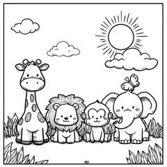 Obraz premium A cartoon-style giraffe, lion, monkey, and elephant stand together in a grassy field under a sunny sky. Fluffy clouds and a butterfly add charm to this joyful scene.