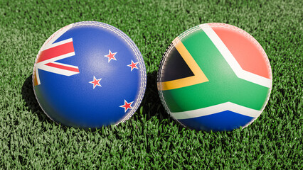 Two cricket balls featuring the flags of New Zealand and South Africa, on a grassy field