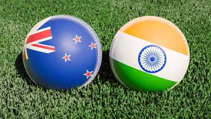 Two cricket balls featuring the flags of New Zealand and India, on a grassy field