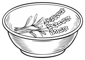 Elegant sketch of lavender sprigs arranged in bowl black and white drawing