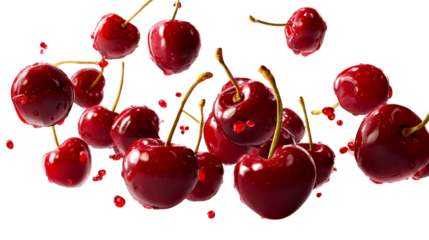 Numerous plump, wet cherries with stems cascade in mid-air against a white background, cut out transparent