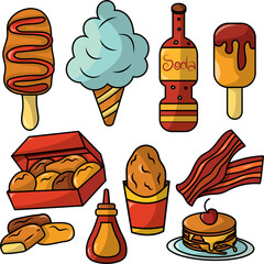 Vector illustration of various fast food items set.