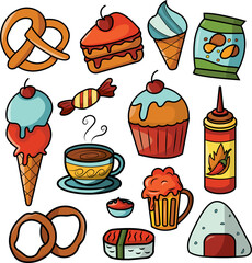 Delicious Fast Food Icons A Collection of Cute and Colorful Illustrations