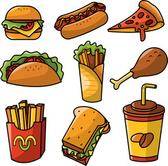 A Collection of Cute and Colorful Delicious Fast Food Illustrations including burgers, tacos, fried chicken, pizza, soda, sandwich, fried fries, hotdog, and kebab.