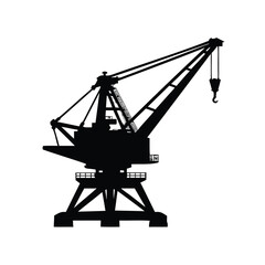 Silhouette of a large industrial crane with a hook on white, harbor crane silhouette vector illustration