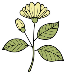 Obraz premium Stylized Drawing of Single Stem Flower with Bud and Leaves in Light Green and Yellow