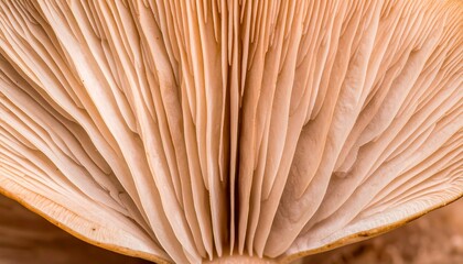 Close-up of pale, fan-shaped mushroom gills, exhibiting intricate, parallel lines