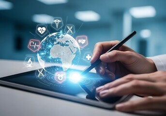Doctor using tablet with global medical technology icons