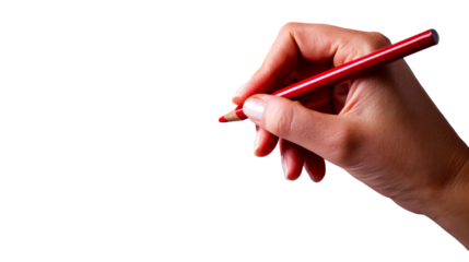Human hand holding a red pencil drawing on white surface, cut out transparent