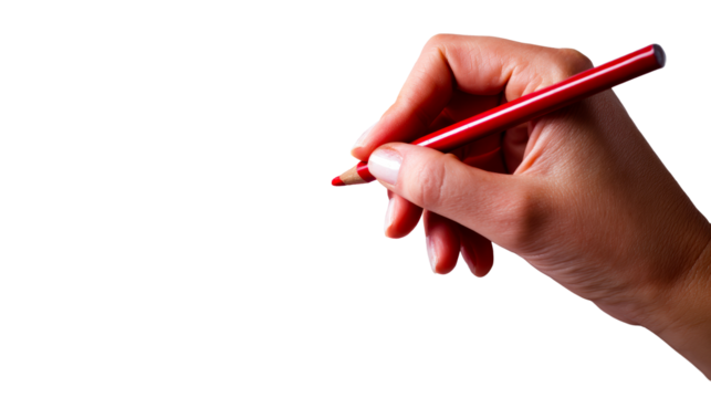 Human hand holding a red pencil drawing on white surface, cut out transparent - Powered by Adobe