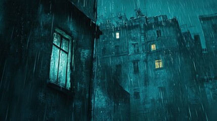 Dark Rainy Night in Urban Setting with Glowing Window Light