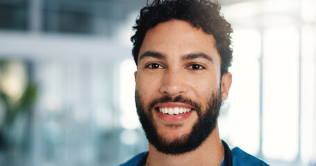 Portrait, happy man and medical nurse in clinic with professional, confidence and space. Smile,...