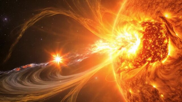Stunning 4 K Solar Flare Eruption Cosmic Event Space Plasma Energy Sun Star Burst Intense Light Cinematic V F X Animation Science Fiction Fantasy Background Looping Seamless