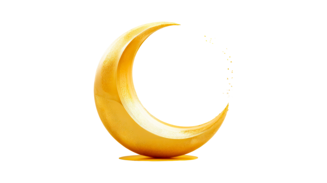 Golden Crescent Moon Shape with Intricate Textured Surface and Floating Particles, cut out transparent
