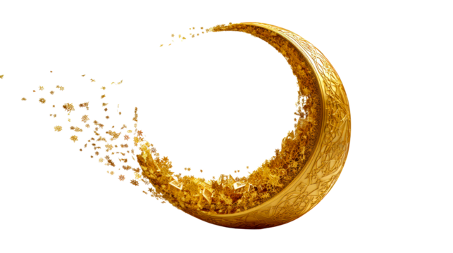 Intricate golden crescent moon with scattering star fragments, cut out transparent