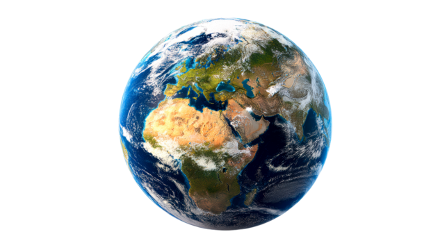Detailed view of planet Earth showing continents Africa and Europe from space, cut out transparent