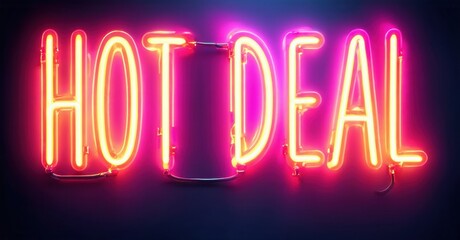 Bright neon sign displays Hot Deal. Pink, orange glow contrasts dark background. Simple message, attention grabbing design. Commercial aesthetic.