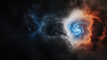 Obraz premium Spiral galaxy glowing with blue and orange light, cosmic dust swirling in deep space, vibrant nebula, dramatic contrast, mysterious universe, awe inspiring scene