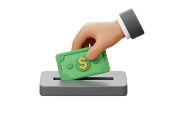 Isolated hand putting green dollar bill into donation box, banking service render