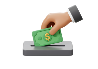 Isolated hand putting green dollar bill into donation box, banking service render