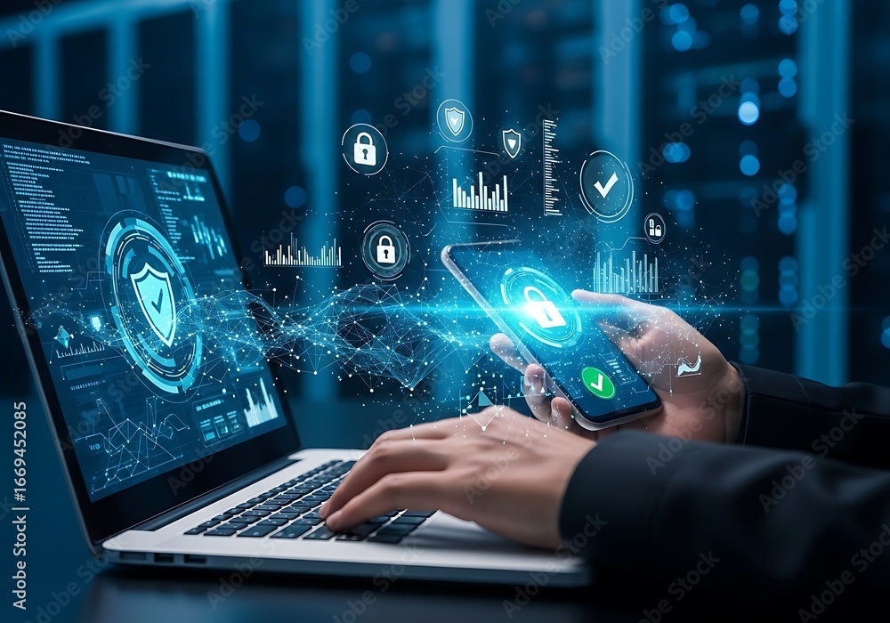 Poster cyber security concept with digital data and network connection