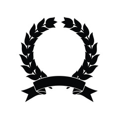 Monochrome laurel wreath with a blank banner for custom text insert, laurel wreath with ribbon silhouette vector illustration