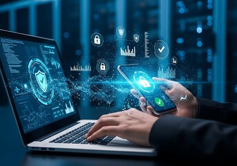Cyber security concept with digital data and network connection