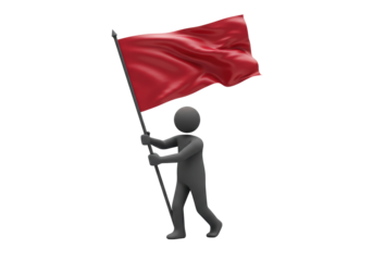 Isolated 3D illustration of a gray figure holding up a red flag on a flagpole concept