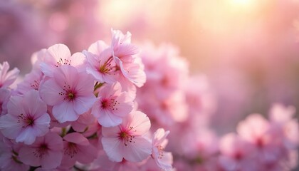 Obraz premium Soft pastel pink floral background with delicate cherry blossoms. Ethereal, dreamy atmosphere, perfect backdrop for cosmetics, spa, beauty salons, invitations. Bokeh lights add touch of magic to