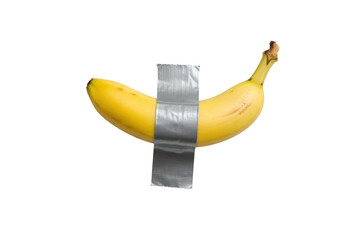 Isolated banana taped to wall, modern art concept, controversial satire & commentary
