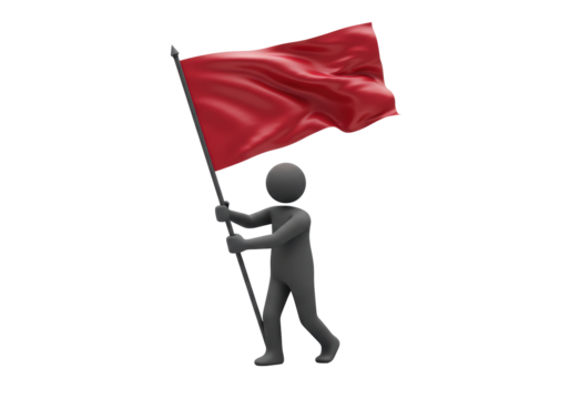 Isolated 3D illustration of a gray figure holding up a red flag on a flagpole concept