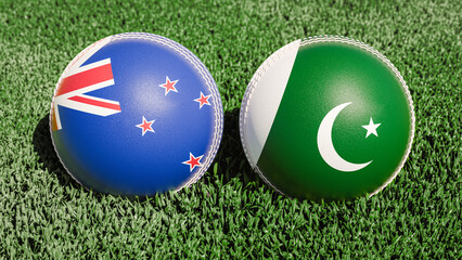 Two cricket balls featuring the flags of New Zealand and Pakistan, on a grassy field