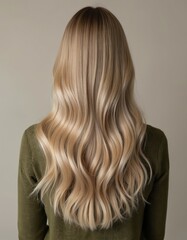 Fototapeta premium Back view of young woman with long, flowing, wavy blonde hair. Hair has subtle highlights and healthy, smooth texture. Hairbrush is visible in background, suggesting hair care and styling.